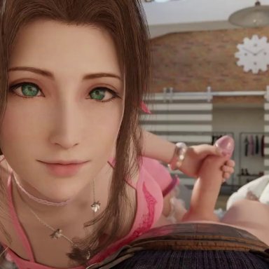 final fantasy, final fantasy vii, final fantasy vii remake, aerith gainsborough, cloud strife, audiodude, auxtasy, 1boy, 1girls, alternate costume, big penis, eye contact, green eyes, handjob, looking at viewer