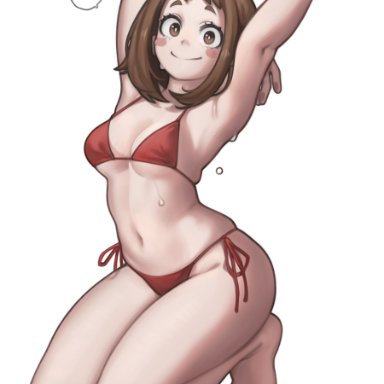 my hero academia, ochako uraraka, lentiyay, 1girls, armpits, bikini, breasts, brown hair, eye contact, female, looking at viewer, short hair, smile, solo, spoken heart