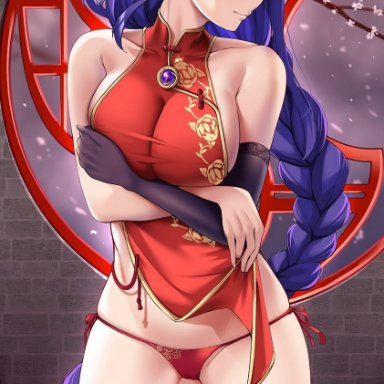 genshin impact, raiden shogun, matrix16, 1girls, barefoot, blush, braid, breast hold, breasts, china dress, chinese clothes, elbow gloves, female, female only, flustered