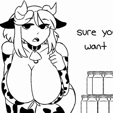 emmpy, 1female, 1girl, 1girls, animal ears, big breasts, boobs, cleavage, collar, cow girl, cow print, female only, horns, huge ass, huge breasts
