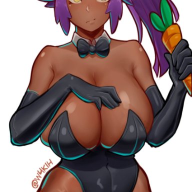 bleach, shihouin yoruichi, w4kih, 1girls, bare shoulders, black footwear, black gloves, black leotard, boots, breasts, brown eyes, bunny ears, chocolate, cleavage, closed mouth