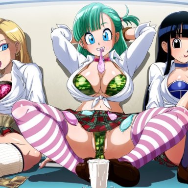 dragon ball, android 18, bulma briefs, chichi, raburebo, 3girls, after fellatio, animal print, armor, arms behind head, bikini, bikini armor, black eyes, black hair, blonde hair