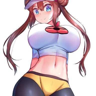 nintendo, pokemon, pokemon bw2, rosa (pokemon), artist request, 1girls, blue eyes, booty shorts, breasts, brown hair, clothed, clothed female, female, female only, hat