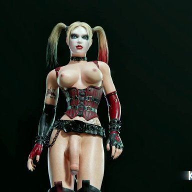 batman: arkham city, batman (series), dc, dc comics, rocksteady studios, harley quinn, kassowit, 1futa, areola, armwear, bottomless, bouncing breasts, casual, clothing, cum