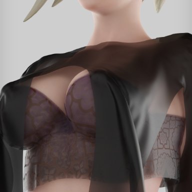 blizzard entertainment, overwatch, mercy, moonroomoom, blonde hair, blue eyes, lingerie, navel, navel piercing, piercing, ponytail, see-through, see-through clothing, see through, smug