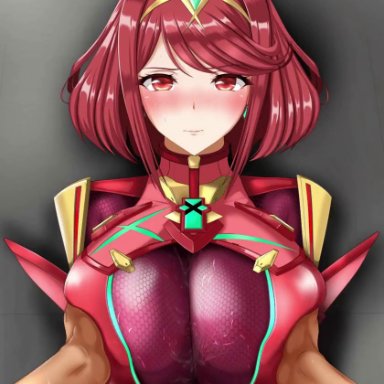 xenoblade (series), xenoblade chronicles 2, pyra, juno (artist), 1boy, 1boy1girl, 1girls, alternate breast size, big breasts, big penis, blush, breast grab, breast hold, covered paizuri, cum