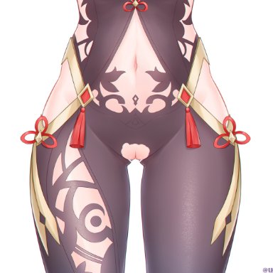 genshin impact, shenhe (genshin impact), ass visible through thighs, black bodysuit, bodystocking, bodysuit, cameltoe, crotchless, crotchless bodysuit, female, groin, hip vent, lhp, lower body, navel