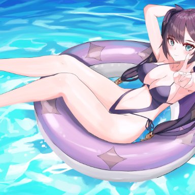 genshin impact, mona (genshin impact), alternate costume, breasts, cine (artist), cyan eyes, female, hand on head, highleg, highleg swimsuit, looking at viewer, midriff, one-piece swimsuit, outdoors, outside