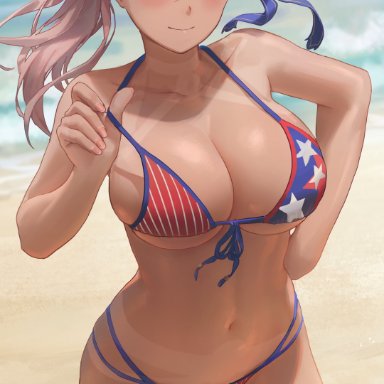 fate/grand order, fate (series), miyamoto musashi (fate), free style, yohan1754, 1girls, american flag bikini, asymmetrical hair, beach, belly button, bikini, bikini top pull, blue eyes, breasts, female