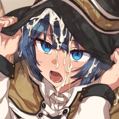 mushoku tensei, roxy migurdia, erere, 1girls, blue eyes, blue hair, blush, clothed female, clothing, cum, cum in hat, cum in headwear, cum on face, cum on hair, cum wearing