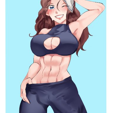 elisia oc, nei019, 1futa, abs, balls, big breasts, big penis, black bra, black pants, blue eyes, boob window, bra, breasts, brown hair, buldge