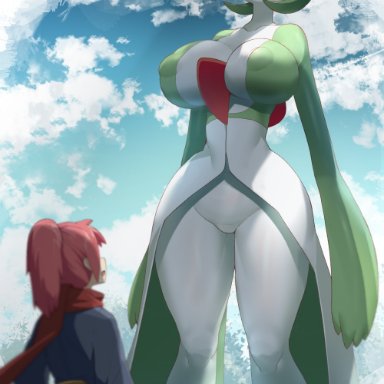 nintendo, pokemon, pokemon legends: arceus, akari (pokemon), alpha pok&#233;mon, gardevoir, pok&#233;mon (species), sinensian, 2girls, alternate hair color, anthro, bottomless, breasts, chest spike, erect nipples