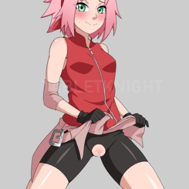 naruto, naruto (series), naruto shippuden, sakura haruno, tabletknight, alternate breast size, before sex, bike shorts, blush, breasts, breasts out, clothed, clothed female, crotchless, crotchless clothes