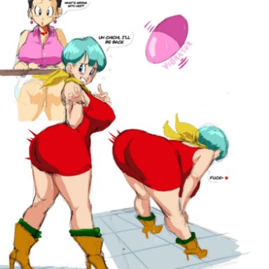 dragon ball, dragon ball z, bulma briefs, chichi, ass, big ass, big breasts, dress, heel boots, large ass, large breasts, vibrator, vibrator under clothes, tagme