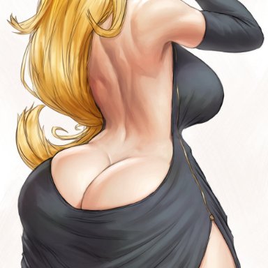 pokemon, pokemon ss, cynthia (pokemon), superbusty, 1girls, ass, ass cleavage, blonde, blonde hair, butt crack, facing away, female, female focus, female only, light-skinned female