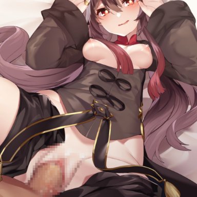 genshin impact, hu tao (genshin impact), mikomachi (35machi), 1boy, bangs, black coat, black headwear, black shorts, blush, breasts, brown hair, clothed sex, coat, coattails, female