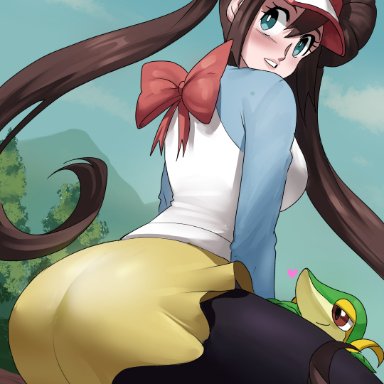 nintendo, pokemon, pokemon bw2, rosa (pokemon), snivy, echosaber, 1girls, aged up, ass, blue eyes, blush, breasts, brown hair, clothed, clothed female