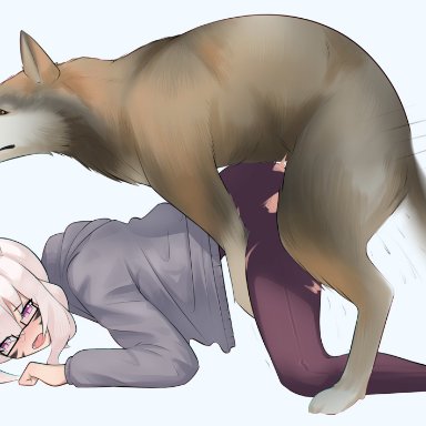 original, voiddoke, 1animal, 1girls, ambiguous penetration, animal ears, ass up, domestic dog, glasses, humanoid, interspecies, moaning, mounting, ripped clothing, ripped pants