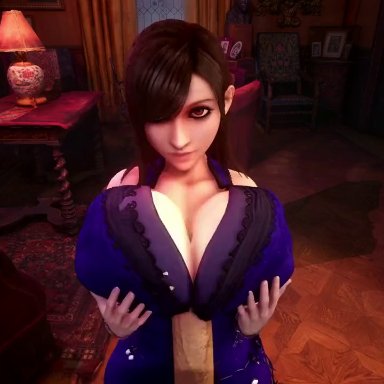 final fantasy, final fantasy vii, final fantasy vii remake, tifa lockhart, vaako, 1boy, 1boy1girl, 1girls, bare shoulders, between breasts, big breasts, breasts, brown hair, busty, cleavage