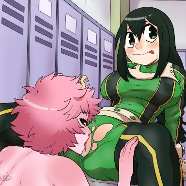 my hero academia, mina ashido, tsuyu asui, khartemis, 2girls, big breasts, black eyes, black hair, duo, female, female only, huge breasts, large breasts, lesbian sex, licking