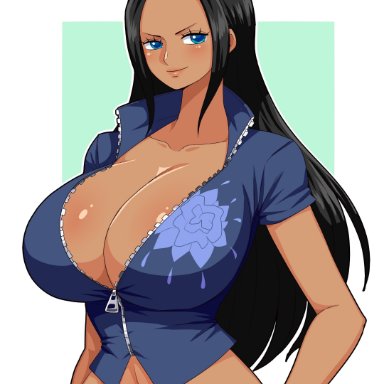 one piece, nico robin, simmsy, 1girls, big breasts, black hair, blue eyes, breasts, dark skin, eye contact, female, female focus, glasses, glasses on head, huge breasts