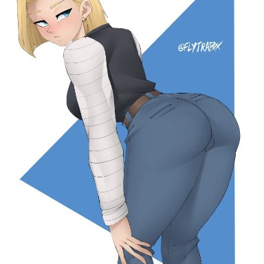 dragon ball, dragon ball z, android 18, flytrapxx, 1girls, ass, big ass, big butt, blonde hair, blue eyes, breasts, fully clothed, looking back, pants, short hair