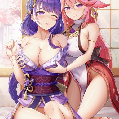 genshin impact, raiden shogun, yae (genshin impact), arus, 2girls, bangs, bare shoulders, belly button, big breasts, blush, breast grab, breast squeeze, breasts, cleavage, collarbone