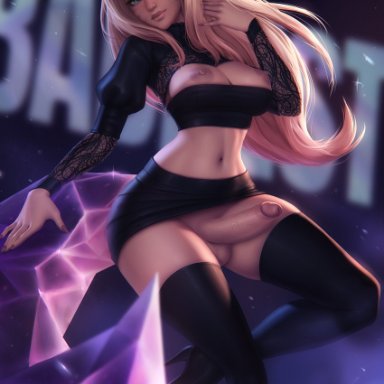 k/da series, league of legends, ahri, k/da ahri, personalami, 1futa, alternate costume, areolae, balls, balls under clothes, black legwear, black shoes, black stockings, bottomless skirt, breasts