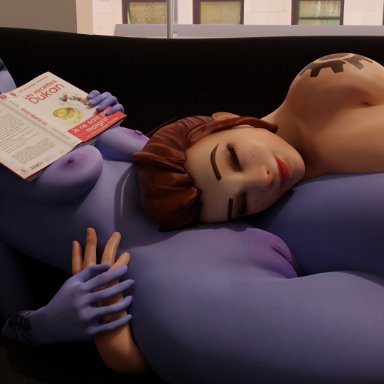 overwatch, brigitte, widowmaker, 2girls, breasts, cuddling, cute, purple hair, purple skin, red hair, relaxing, sleeping, smile, tattoo, thighs