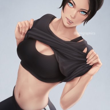 apex legends, wraith (apex legends), umigraphics, belly button, biting lip, black hair, breasts, looking at viewer, nose piercing, small breasts, sports bra, sportswear, spots, white eyes, yoga pants