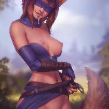 personalami, 1futa, animal ears, areolae, balls, blindfold, breasts, clothed, clothing, cum, cum in mouth, elbow gloves, erection, fox girl, full-package futanari