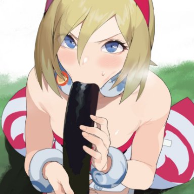 nintendo, pokemon, pokemon legends: arceus, irida (pokemon), iku (ikuchan kaoru), 1girls, 5 fingers, black dildo, blonde hair, blowjob, blue eyes, bracelets, dildo, dildo in mouth, female