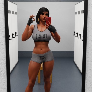 blizzard entertainment, overwatch, pharah, artist request, 1girls, bleached, dark-skinned female, female, female only, gym, locker room, raceplay, selfie, 3d