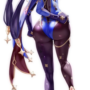 genshin impact, mona (genshin impact), uenoryoma, ass, back, black hair, blue cape, blue headwear, breasts, cape, detached sleeves, elbow gloves, female, from behind, full body