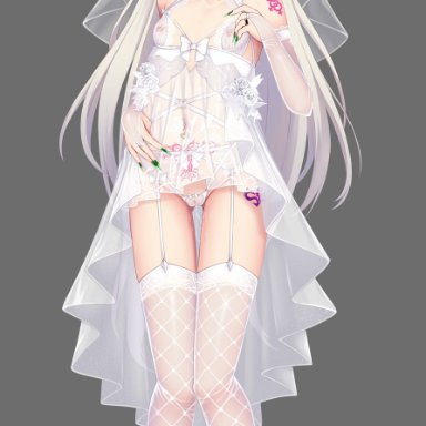 princess connect!, kokkoro (princess connect!), puririn, aqua eyes, bangs, bow, bow panties, bridal veil, cameltoe, collar, collarbone, dress, female, fingernails, fishnets