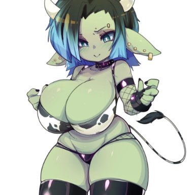 original, leora (kibix1), slugbox, 1girls, asymmetrical hair, bikini, black nails, blue eyes, blush, cleavage, collar, cow horns, cow print, cow tail, ear piercing