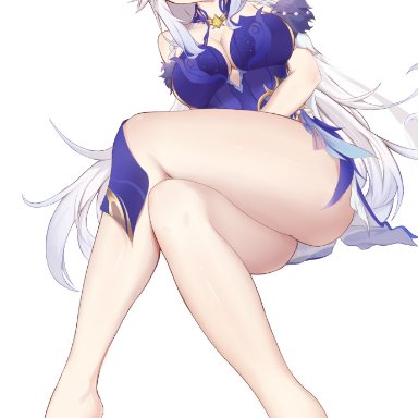 genshin impact, ningguang (genshin impact), 1girls, barefoot, big breast, breasts, cleavage, dress, feet, female, female only, full body, human, legs, red eyes