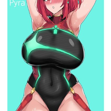 xenoblade chronicles (series), xenoblade chronicles 2, pyra, hella p, :o, armpits, arms behind head, bangs, black swimsuit, border, breasts, covered navel, earrings, female, green background