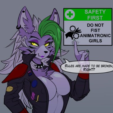 five nights at freddy's, roxanne wolf (fnaf), phaser automata, anthro, breasts, claws, clothed, clothing, dark, ear piercing, earring, furry, furry only, green hair, jacket
