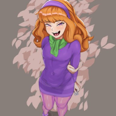 scooby-doo, daphne blake, ronmeruart, bulge, bulge through clothing, condom, femboy, headband, legwear, orange hair, purple eyes, trap, rule 63