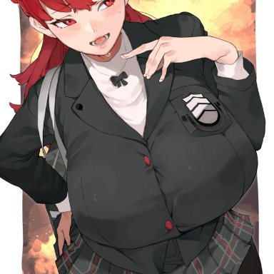 atlus, persona, persona 5, sega, kasumi yoshizawa, makingtawawa, breasts, gigantic breasts, huge breasts, massive breasts, red hair, school uniform, student, sweat, uniform