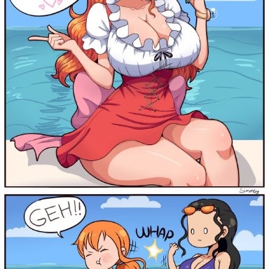 one piece, nami, nico robin, simmsy, 2girls, breasts, cleavage, female, female only, huge breasts, thick thighs, speech bubble, text