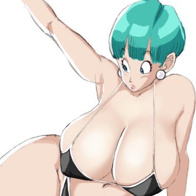 dragon ball, dragon ball z, bulma briefs, big breasts, bikini, earrings, large breasts, pink lipstick, solo, tagme