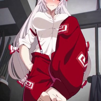 touhou, fujiwara no mokou, buckethead ero, 1boy, 1girls, big breasts, blush, clothed, clothing, embarrassed, feet, female, footjob, human, looking at viewer