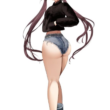 genshin impact, hu tao (genshin impact), nicorima, ass, ass focus, ass shot, bare legs, big ass, booty shorts, brown hair, clothed, clothing, denim, denim shorts, legs