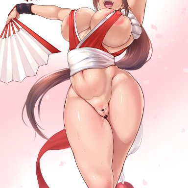 fatal fury, king of fighters, snk, mai shiranui, potatopanicking, 1girls, areolae, big areola, bottomless, breasts, brown hair, fan, female, female only, hips