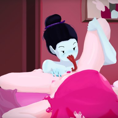 adventure time, cartoon network, marceline, marceline abadeer, princess bubblegum, 2girls, female only, pink hair, pink skin, blue skin, black hair, vampire, blush, licking pussy, lesbian sex