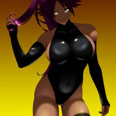 bleach, shihouin yoruichi, drakonaskar, 1girls, big breasts, big muscles, breasts, dark-skinned female, dark skin, female focus, female only, female solo, latex, legs, muscle