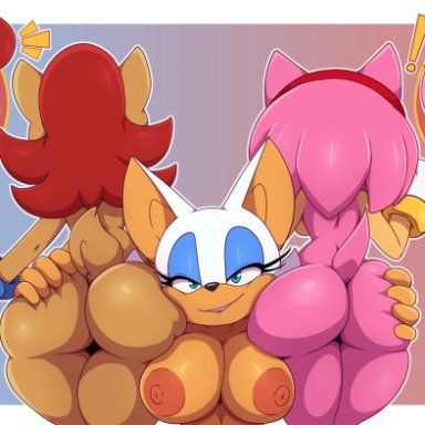 sega, sonic (series), amy rose, rouge the bat, sally acorn, bigdon1992, 3girls, anthro, big ass, big breasts, blush, bubble butt, female, nipples, yuri