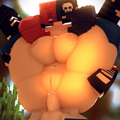 minecraft, ellie walls, odyssey-ellie (artist), anal, big breasts, biting lip, black hair, blush, carrying, cross-eyed, full nelson, goth, legs up, multicolored hair, red hair